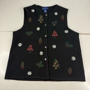 Charter Club Black Wool Vest with Festive Embroidery